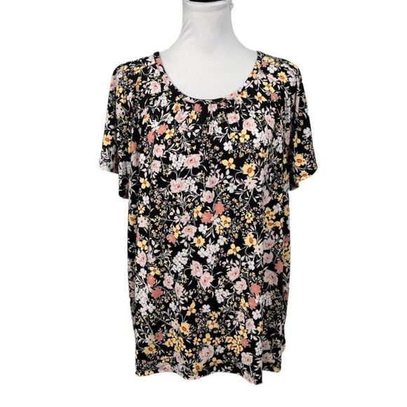 Liz Claiborne Blouse Size OX Black Floral Slinky Keyhole Pleated Front Work Top - Picture 1 of 11